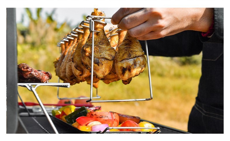Stainless Steel BBQ Rib & Chicken Leg Rack – 14-Slot Non-Stick Grilling Basket