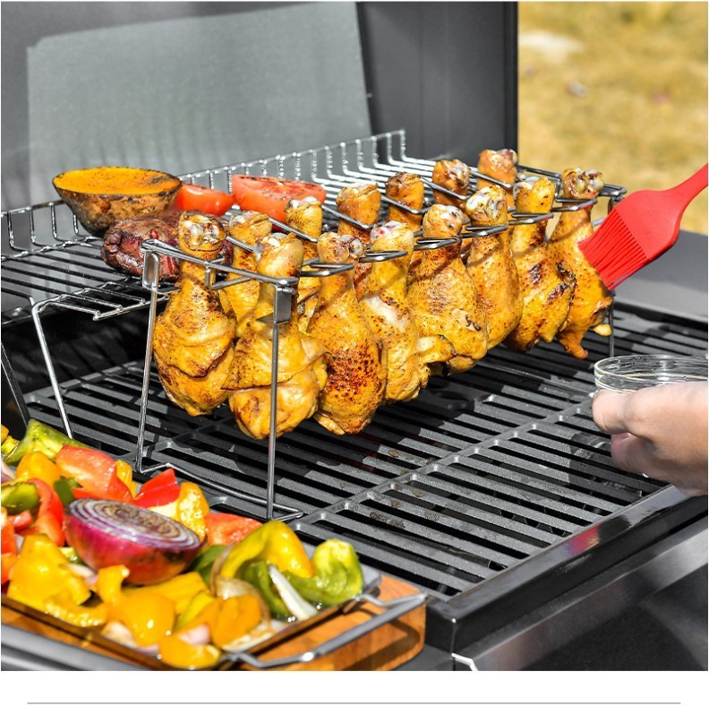 Stainless Steel BBQ Rib & Chicken Leg Rack – 14-Slot Non-Stick Grilling Basket
