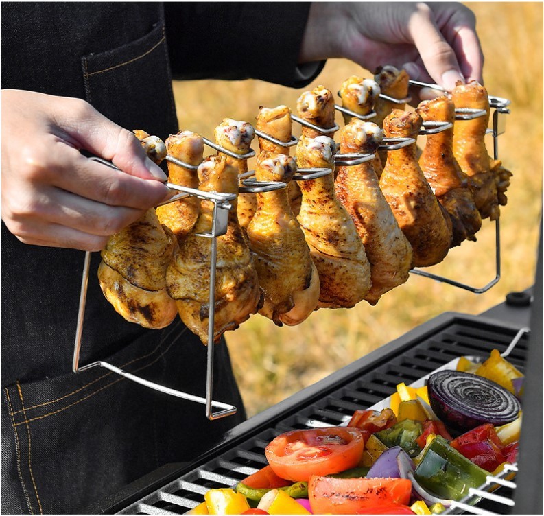 Stainless Steel BBQ Rib & Chicken Leg Rack – 14-Slot Non-Stick Grilling Basket