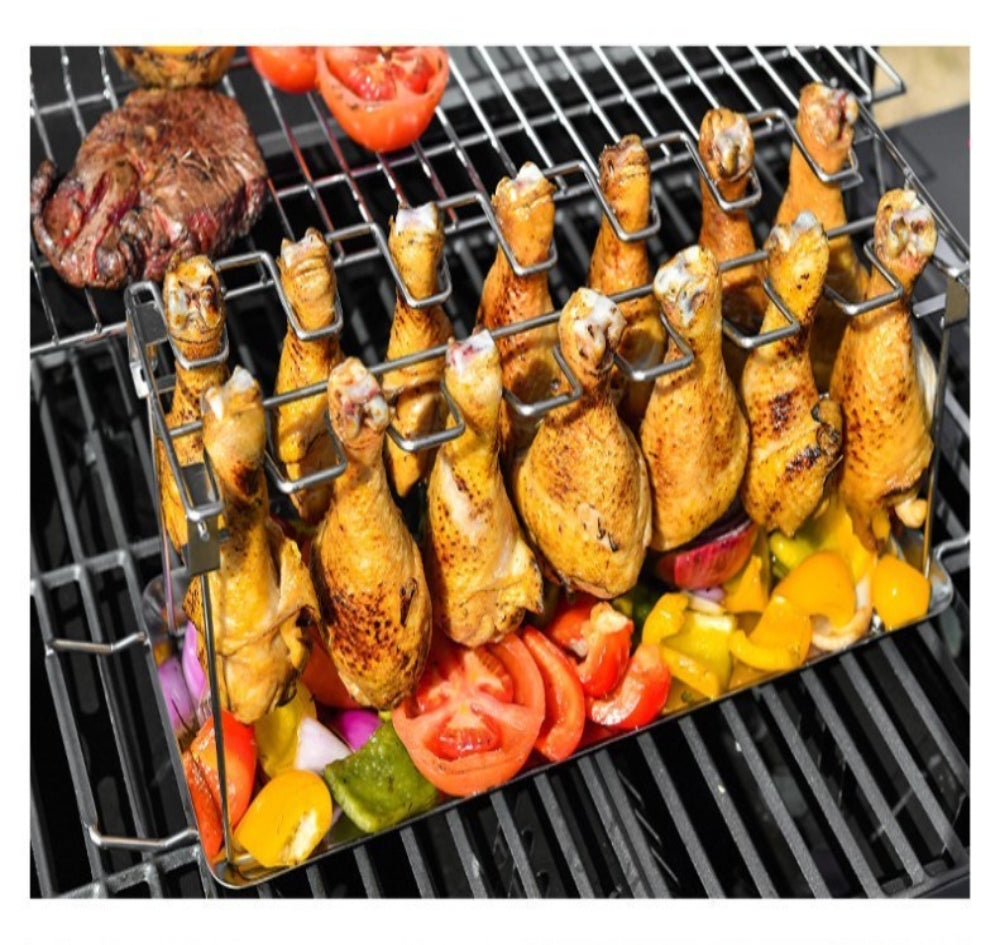 Stainless steel BBQ rib and chicken leg rack – 14-slot non-stick grilling basket